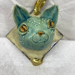 Handmade Ceramic Cat Head Ornament Turquoise Gold Glazed Folk Art Whimsical 3in